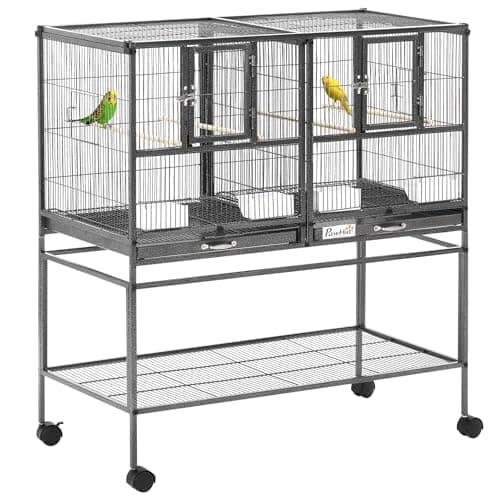 PawHut Cage à Oiseaux avec séparation mangeoire et perchoir 95L x 45,5l x 102H cm Noir et Gris