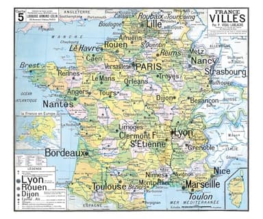 Carte Vidal Lablache N° 5 - FRANCE VILLES - 120 x 100 cm (reproduction ancienne carte scolaire) - Bâche 340 g/m²