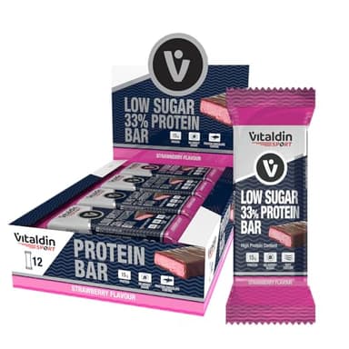 VITALDIN SPORT Low Sugar 33% Protein Bar Fraise – Barres Protéinées – 12u x 45g – Barre Energetique Sport Avec Proteines Pour Musculation – Proteine Vegan – Contribue la croissance de ton muscle.