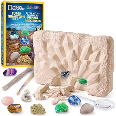 NATIONAL GEOGRAPHIC Kit d'Excavation de Gemmes avec 10 Véritables Pierres Précieuses pour Enfants, Découvrez les Pierres Précieuses avec des Outils d'Excavation et une Loupe, Kits de Science