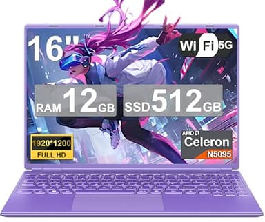 Ordinateur Portable Gaming 16 Pouces 12 + 512 Go Soutien Extension 1TB (HDD-2TB) 4 cœurs Celeron N5095 (jusqu'à 2,9 GHz)1920x1200 PC Gamer Portable,Laptop avec Écran 2K 2.4+5G WiFi Mini HDMI-Violet