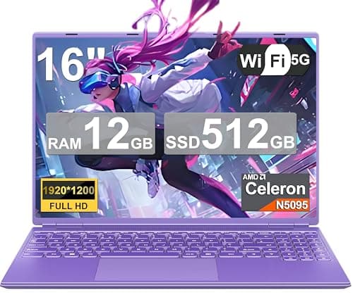 Ordinateur Portable Gaming 16 Pouces 12 + 512 Go Soutien Extension 1TB (HDD-2TB) 4 cœurs Celeron N5095 (jusqu'à 2,9 GHz)1920x1200 PC Gamer Portable,Laptop avec Écran 2K 2.4+5G WiFi Mini HDMI-Violet