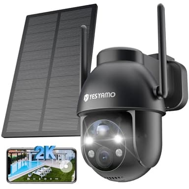 YESYAMO 2K Camera Surveillance WiFi Exterieure sans Fil Solaire, 2.4GHz Camera Exterieur Solaire avec Panneau Solaire, 360° PTZ, Vision Nocturne Couleur, Audio Bidirectionnel, PIR Sirène (Noir)
