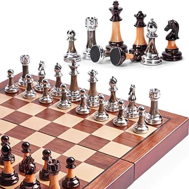VAMSLOVE Grande planche d'échecs pliante de 42 cm avec pièces d'échecs lestées en acrylique de luxe – King avec emplacements de rangement pour adultes, pendaison de crémaillère, départ à la retraite