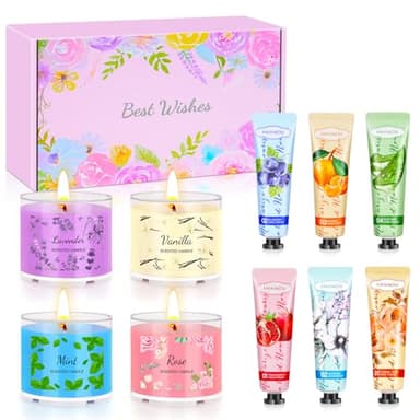 Coffret Cadeau Femme,Cadeau Noel Femme,Cadeau Anniversaire Femme,4 Bougies Parfumées et 6 Crèmes pour les Mains ,Cadeau Femme Pour Maman, Sœurs, Amies