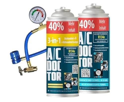 AC DOCTOR Réfrigérant climatisation R134a, 1 Huile 3 en 1, Mastic réparation et Recharge R134a + Adaptateur Tuyau avec manomètre. pour Voitures de 1995 à 2016.