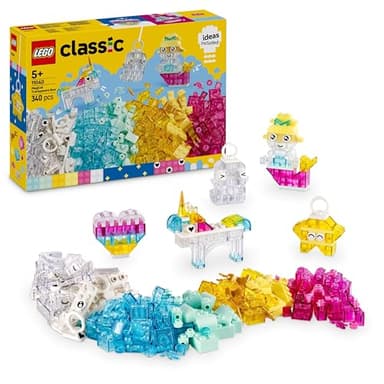 Lego Classic La Boîte de Briques Transparentes Magiques - Constructions colorées avec Briques de Suspension pour Porte-clés - Figurines de Licorne, Dragon ou Pingouin et Plus - Cadeau dès 5 Ans 11040