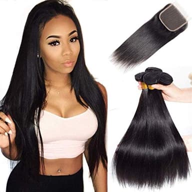 Tissage Naturel Cheveux Humain lisse tissage bresilien avec closure tissage Cheveux Naturel straight Human Hair Bundles with closure Couleur Noire Naturelle 14 16 18+12 Pouce