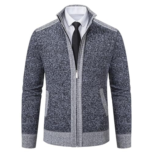 LUVCES Cardigan Homme Zippé Manteau Hiver Chaud Veste en Tricot Pull col Montant pour Hommes Patchwork Veste avec Poches Gris foncé XXL