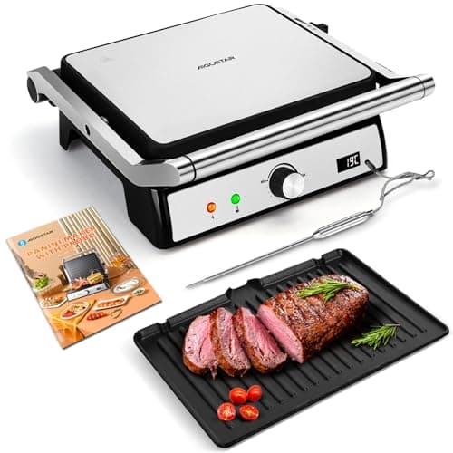 Aigostar Grill Panini, Grille-pain à Sandwich Avec Sonde Alimentaire, Plaques Antiadhésives Amovibles, Grill électrique, 2000W, Contrôle Automatique de la Température, Ouverture Plate à 180°, Max Pro