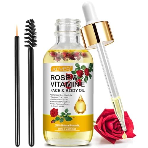 Huile de rose pour visage avec pétales de rose, huile de vitamine E bio pour anti-âge, cicatrices et vergetures, Gua Sha naturel et huile de massage pour corps et peau sèche, cuir chevelu et ongles