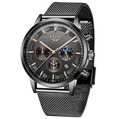 LIGE Hommes Montres Mode Noir Acier Inoxydable Imperméable Chronographe Quartz Analogique Montre pour Homme avec Luxe Affaires Habiller Regarder