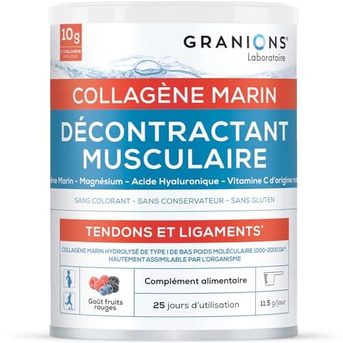 Granions - COLLAGENE MARIN Décontractant Musculaire - Collagene Marin Poudre, Magnesium Vitamine C - Collagene Pour Relaxation Tendons et Ligaments - Collagene Marin - Goût Fruits Rouges - Pot de 288g