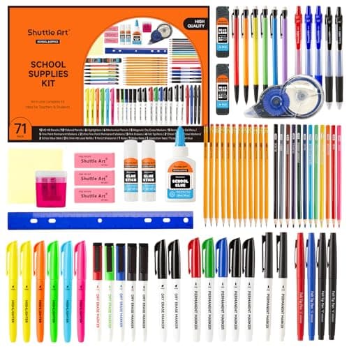 Shuttle Art 71 Pièces Kit Fourniture Scolaire, Trousse Scolaire Rentrée Scolaire Bureautique pour Enfant Etudiant, Incluant Crayon 2HB, Crayon de Couleurs, Surligneur, Marqueur, Gomme, Colle