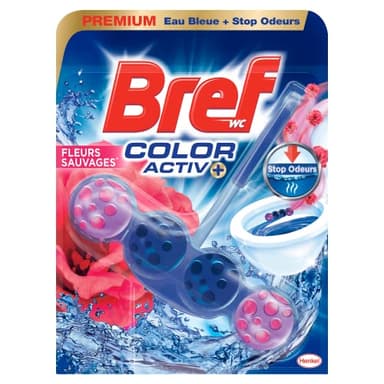 Bref WC Color Activ+ Fleurs sauvages – 1 Bloc WC (50g) – Produit Nettoyant WC – Eau Bleue + Stop Odeurs