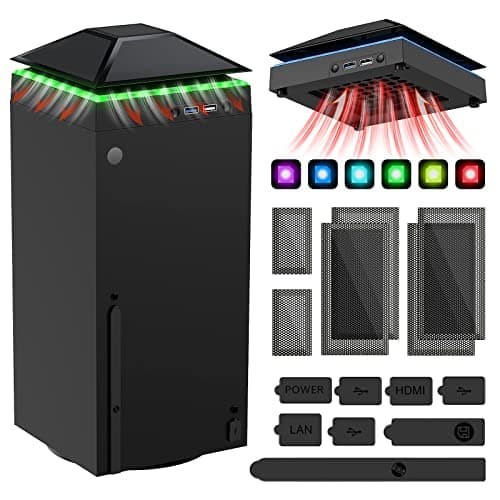 Ventilateur avec Lumière Colorée LED pour Xbox Séries X, MENEEA Refroidisseur de Filtre Anti-Poussière avec Bouchons de Protection en Caoutchouc (Version de Base - Noir)