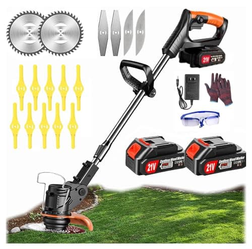 Coupe Bordure sans Fil avec Batterie, Debroussailleuse Electrique sans Fil, (2 Batteries de 4,0 A et Chargeur Rapide) Coupe Bordure, Débroussailleuse, avec 3 Types de Lames pour Jardin, Cour