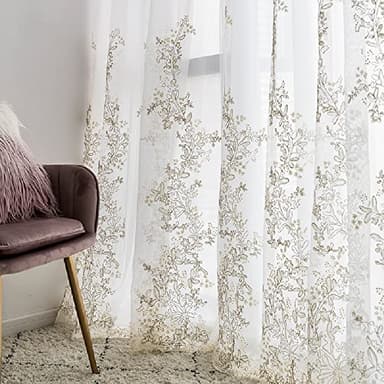 Amidoudou 1 paire de rideaux en tulle brodé de luxe pour salon, mariage 3D motif fleur dorée (blanc, 167 x 213 cm)