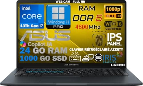 ASUS Ordinateur Portable Intel i7 13ème 10 Coeurs 5Ghz, RAM 24 Go DDR5, SSD PCIe 1To, écran IPS 15,6 Full HD, WiFi6E, 4USB, Empreinte Digitale, Clavier rétroéclairé, Win11 Pro, déjà configuré, AZERTY