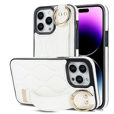Kainevy pour Coque iPhone 14 Pro Max Silicone Cuir Wavy avec Support Braceletc et Anneau pour Femme Fille Etui Protection Antichoc Souple Luxe Aesthetic pour Apple iPhone 14 Pro Max (Blanc)