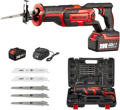 Scie Sabre sans fil TEENO,20V Scie Sabre à Batterie, Scie Egoîne Electrique sans Fil, 5×Lames de Scie, Avec 3Ah Batteries,Boite en plastique