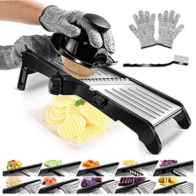 Myiosus Mandoline Cuisine Professionnelle, 10-en-1 Mandoline Réglable en Acier Inoxydable, Coupe Légumes Multifonctions pour Julienne Oignons Tomates Carottes, avec Gants Sécurité