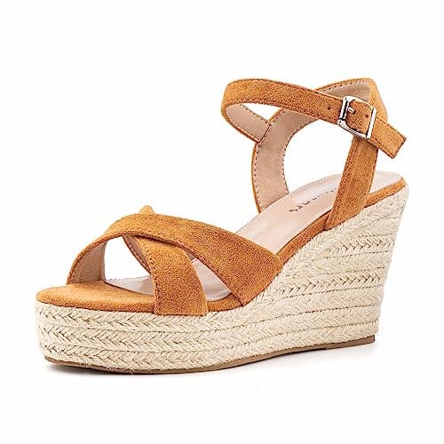 Hitmars Sandale Femme Espadrilles Compensées Femme d'Été Plateforme Sandales Casual Mode Bout Ouvert Chaussures de Plage Confortable Talon Compensé Marron EU 43
