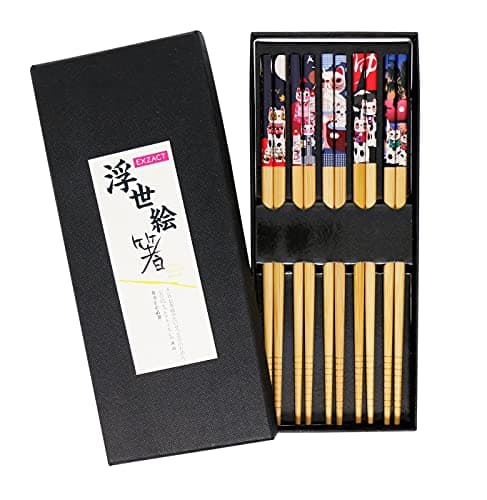 Exzact Ensemble-Cadeau De Baguettes - 5 Paires De Baguettes En Bambou Naturel Réutilisables Dans Une Belle Boîte À La Main Noire - Style Chat Porte-Bonheur Japonais Décoré/Chat De Fortune