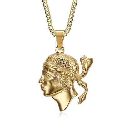 BOBIJOO Jewelry - Pendentif Tête de Maure en Acier Inoxydable Doré Or Fin avec Chaîne de 60cm, 30x30mm - Bijou Symbolique Corse, 20g