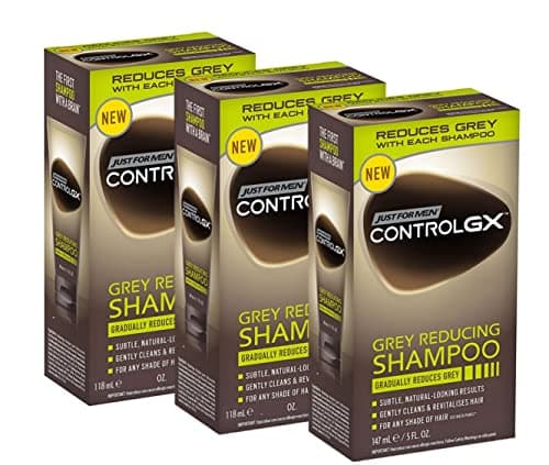 Just For Men Control GX - Shampooing Réducteur de Gris pour cheveux gris, à l'huile de coco et à l'aloe vera, nouvelle formule améliorée, toutes les nuances, 118 ml x 3 unités + Pack Promoo