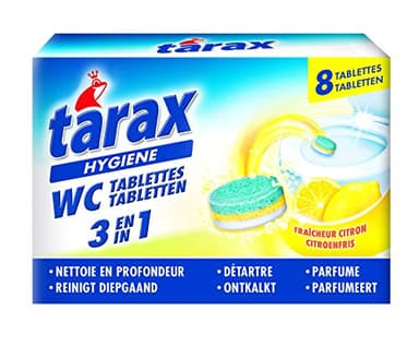 TARAX - Tablettes WC 3-en-1 - Action Nettoyante, Anti-Calcaire, Désodorisante - Efficace Même Sous l'Eau - Compatible Fosses Septiques - Senteur Citron - 8 Tablettes