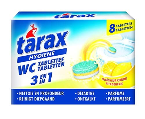 TARAX - Tablettes WC 3-en-1 - Action Nettoyante, Anti-Calcaire, Désodorisante - Efficace Même Sous l'Eau - Compatible Fosses Septiques - Senteur Citron - 8 Tablettes