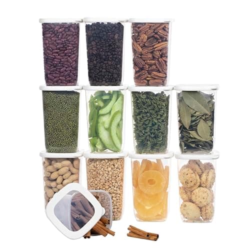 UANDU Boite de Rangement Cuisine Lot de 12, Bocaux Hermetiques Alimentaires en Plastique Scellée avec Couvercle, bocaux rangement cuisine en plastique, sans BPA, boîtes céréales, pâtes, farine, sucre.