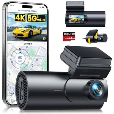 GKU 4K Dashcam Voiture Avant Arrière,5GHz WiFi GPS,2160P+1080P Camera Voiture,1.5'' IPS Caméra Embarquée Voiture avec Carte SD 64G,Grand Angle 170°,Vision Nocturne,WDR,G-Capteur,Mode Stationnement 24H