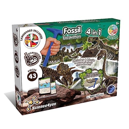 Science4you - Kit de Fouille de Fossiles 4 en 1 pour Enfants 5 6 7 8 9 10 Ans - Excaver et Assembler 4 Dinosaures: T-Rex, Triceratops, Velociraptor et Stegosaurus - Jouet Idéal pour Filles et Garçons