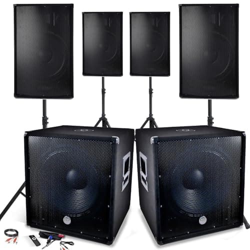 Bmi Système Sonorisation Complet 4800W, 4 Enceintes, 2 Subwoofers 18"/46cm - USB/Bluetooth Cable PC + Pieds, Prestations Sono DJ PA