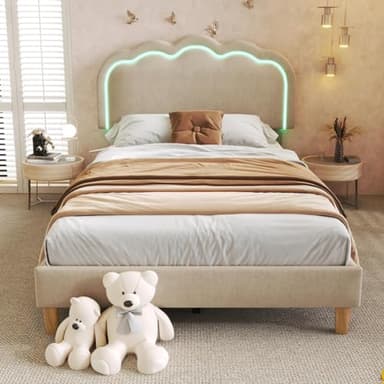 Lit rembourré 90 x 190 cm, Cadre de lit Adolescent en Lin pour Chambre à Coucher, Chambre d'amis, Beige