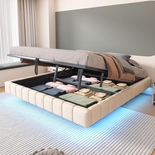 Zubaliya Lit 180x200 avec sommier à Lattes avec LED,lit Coffre 180x200,Cadre de lit 2 Personnes Flottant hydraulique avec Espace de Rangement,Multifonctionnel,sans tête de lit,Lin Beige