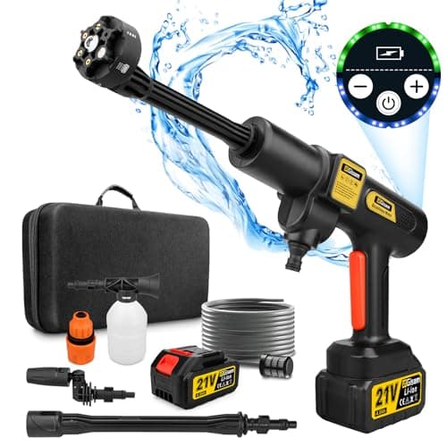 Gisam Nettoyeur Haute Pression à Batterie, Max 943 PSI avec 2 x 4000mah Batteries, Pulvérisateur de Mousse, 6-en-1 Multi-Usage Buse et 180° Buse Pivotante pour Le Nettoyage et Arrosage (Gisam-01)