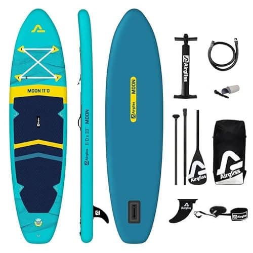 Paddle Gonflable AIRGLISS Moon 11.0 JUSQU'A 2 Personnes (Max. 170kg) | Adulte ET Enfant | Stable ET DE Qualite | Complet avec Tous Les Accessoires : PAGAIE, GONFLEUR, Sac, AILERON, Leash
