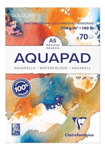 Clairefontaine 975720C Bloc Encollé Goldline Aquapad - 70 Feuilles Papier Aquarelle Blanc Grain Moyen Fin A5 14,8x21 cm 300g