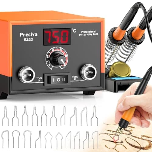 Pyrograveur sur Bois, Preciva 935 Affichage Numérique Kit de Pyrograveur, 250-750℃ Température Réglable Graveur Bois avec 2 Stylo de Pyrogravure, 20 Pointes, Adulte Bois Convient pour Le Bois Cuir