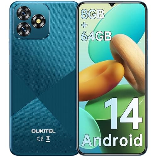 OUKITEL C53 Telephone Portable Pas Cher 2024 - Smartphone Débloqué Android 14, Écran 6.6"/60Hz Smartphone Pas Cher, 8Go+64Go/TF 1To, Octa Core, Batterie 4300mAh, Telephone 4G Dual SIM/13MP/GPS/- Bleu