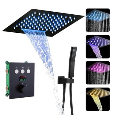 WRKMH Colonne Douche Encastrable, LED 16 Couleurs Colonne de Douche Thermostatique avec Affichage Numérique, Ensemble Douche Noir avec 2 Fonctionnel Pommeau de Douche