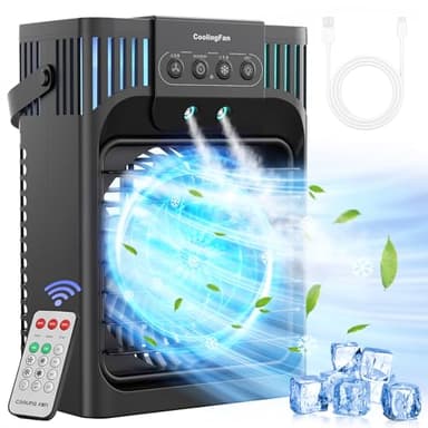 FethFire Climatiseur Mobile Silencieux avec Télécommande,1200 ML Mini Rafraichisseur d'air avec 3 Vitesses & 3 Brumes, 2-8H Timer,USB &7 LED,Petit Clim Mobile pour Chambre et Bureau(10W)