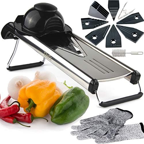 Chef's INSPIRATIONS Mandoline coupe-légumes avec lame en V, mandoline et mandoline à julienne avec 6 inserts différents, brosse de nettoyage et protection exclusive de la main. Acier inoxydable.