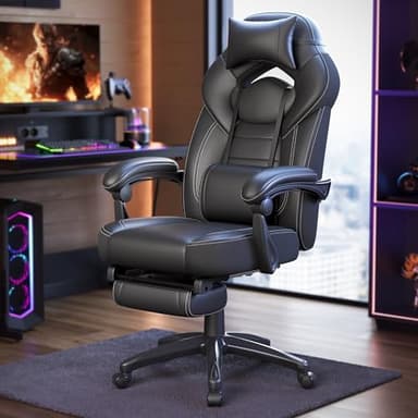 SONGMICS Chaise de Jeu, Chaise d'Ordinateur, Ergonomique, avec Repose-Pieds, Coussin de Tête Ajustable, Support Lombaire, Capacité de Charge de 150 kg, Noir OBG077B01