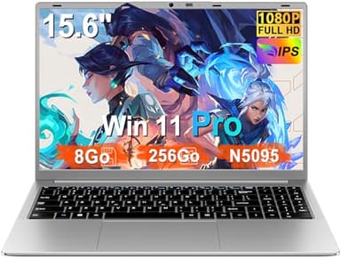 Ordinateur Portable 15,6 Pouces Win11Pro Celeron N5095 8Go RAM 256Go SSD Extension1To 5G WIFI 5000mAh Laptop HDMl PC Portable Souris sans Fil qwerty Clavier avec AZERTY Membrane du Clavier-Argenté