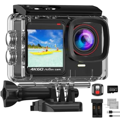 Caméra Sport 4K 60FPS avec MicroSD 64Go,8X Zoom 131ft Caméras Étanche Double Écrans, 24MP Caméra d'action EIS, Caméra sous-Marine Télécommandées Batterie 2 x 1350 mAh Divers Accessoires
