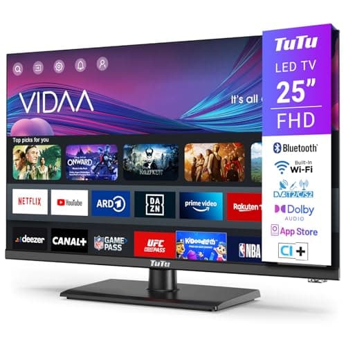 TuTu Smart TV 25 Pouces (64 cm) FHD LED WiFi Connectée Téléviseurs avec Bluetooth, Triple Tuner, VIDAA Remote App, Molotov, Netflix, Prime Video, Disney+, Youtube, Pied Central, TUV25FQ1BC